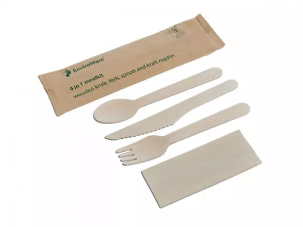 Wooden Cutlery Sets - 4 In 1 Pack - Knife / Fork / Spoon / Napkin x 250 - Coffee Supplies